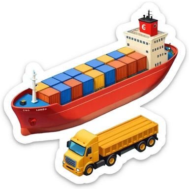 top view of a cargo ship, a truck, and a corporate building side by side, clear symbols, friendly colors sticker