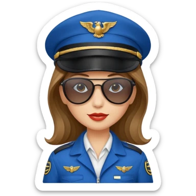 pilote d'avion femme cheveux brun clair avec sunglasses noires et chapeau de pilote et uniforme bleu sticker