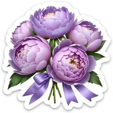 "A hyper-realistic bouquet of light purple peonies, freshly bloomed, tied with a luxurious satin ribbon in a soft lavender shade. The petals are delicate and slightly ruffled, with subtle color gradients ranging from pale lilac to deep violet. The bouquet is placed on an elegant marble tabletop with a vintage-style mirror reflecting its beauty. Soft natural light enhances the intricate textures of the flowers, casting gentle shadows."
 sticker