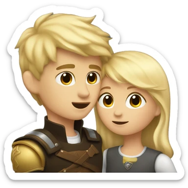 A girl with dark hair kisses a boy with blond hair, the boy has a small shield sticker