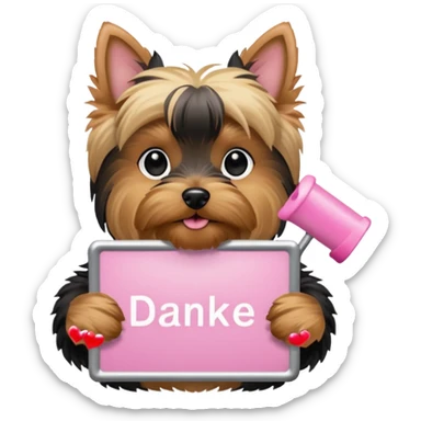 yorkshire dog holding a light pink danke schön sign sticker