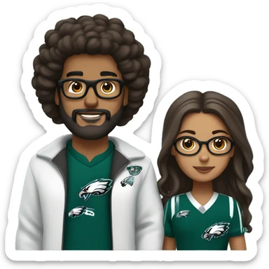 Brown guy with beard mustache and brown girl with glasses and her hair in a bun in Philadelphia eagles clothes holding hands sticker