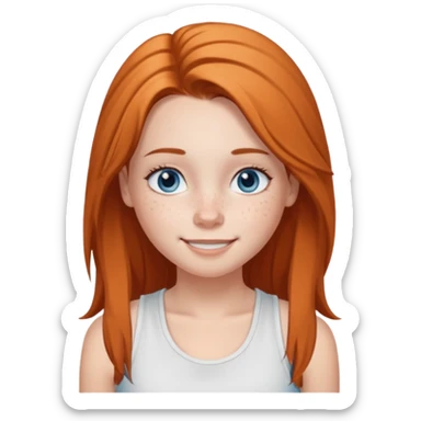 Una chica de tez blanca con pecas, nariz respingada, labios gruesos, ojos grandes color azul grisáceo, pelo largo, lacio, color avellana. Con una blusa de tirantes blanca. Que este sonriendo y q solo se vea de la cintura hacía arriba sticker