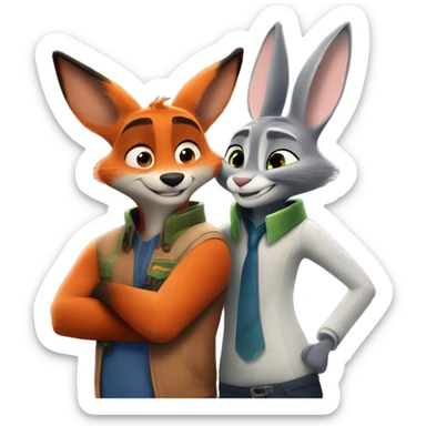 Nick Wilde the orange fox from Zootopia and Judy Hopps the grey bunny from Zootopia hugging each other sticker