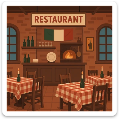 flat toon style Italian restaurant with checkered tablecloths visible sticker