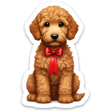 Ginger golden doodle. Baby. Full body sitting down. Red ribbon  sticker