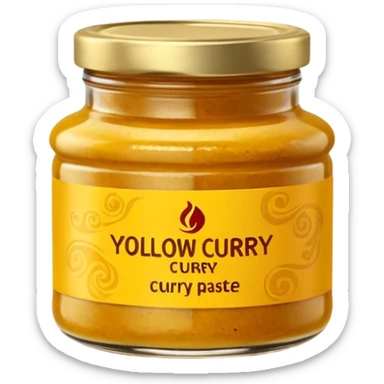 short glass jar with yellow curry paste, deep golden-yellow, thick and grainy, hints of red or brown, simple lid, blank label optional, swirled or uneven surface, 3D-rendered, minimal, no faces, transparent background sticker