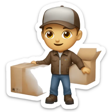 Delivery boy, full body, light skin tone, wearing brown cap and brown jacket, UPS delivery company uniform loading a package without background sticker