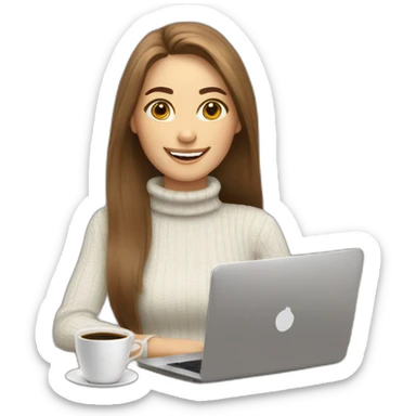 smiling without showing teeth woman with pale skin middle brown long straight hair with a laptop and a coffee mug wearing a white woolly shirt with a turtle neck sticker