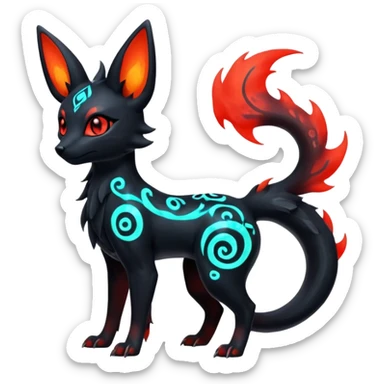 Shiny Fiery Dark Glowing Ethereal Eldritch Cool Edgy Badass Punky Aural Iridescent Fluorescent Bioluminescent Umbreon-Amaura-Salandit-Litten-Flareon-Fakémon-fusion (full body) with intricate pattern markings sticker