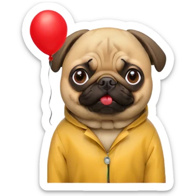 pug in a yellow raincoat holds a red balloon like the boy from the movie "It" sticker