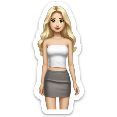 hyperrealist caucasian long hair blonde brown eyes strapless white top gray tight mini skirt black shoes full body sticker