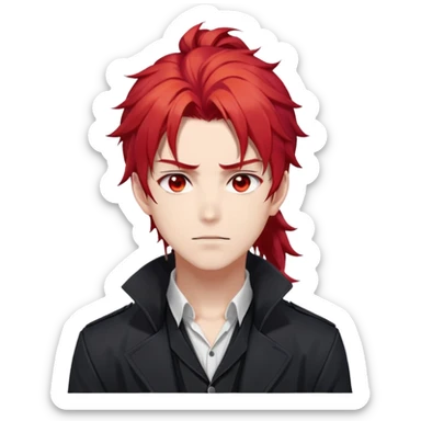 Handsome gorgeous anime man with bright-red hair, thick long messy wavy ponytail, red eyes, white shirt, black jacket, stone face, Diluc from Genshin Impact sticker
