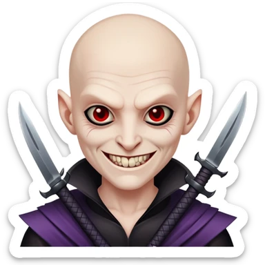 evil villain with razor blade weapons, completely hairless, sinister smile sticker