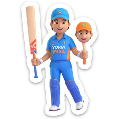 emoji-style illustration of Sachin Tendulkar in a different celebratory pose, cheerful smile, simplified and bold features, holding cricket bat, joyful expression, wearing cricket attire, impression of excitement and achievement, fun and lively emoji sticker