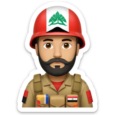 A tired, swarthy Iraqi soldier with a beard, an Iraqi flag on his helmet, a sad expression and bags under his eyes sticker