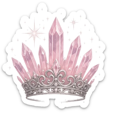 crystal crown in light pink with silver embellishments, radiating sparkling magical aura, transparent background sticker