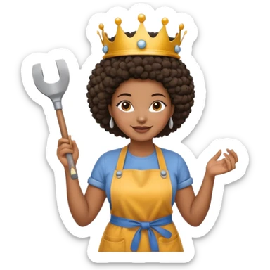 Mujer curvy afro, con vestimenta cómoda y delantal,con una corona sobre su cabeza y sonrisa contagiosa. En la mano herramientas de construcción sticker