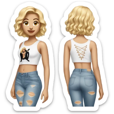 A blonde girl with short hair wearing a Shakira lace up croc top and short jeans and high heels  sticker