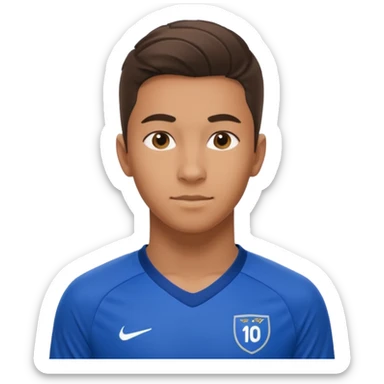 Apple emoji style 21 year old soccer player standing same pose, blue jersey #10, ultra realistic, studio lighting sticker