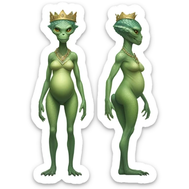 Pregnant reptilian alien woman, full body, have a crown sticker