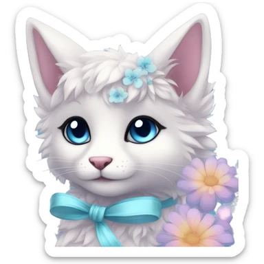 Anthro Cute Cool Pastel Kawaii gorgeous sparkly ethereal fantasy animal creature with blue eyes furry sona with flowers and ribbons beautiful aesthetic sticker