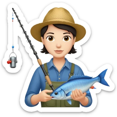 GRANJERO PIEL CLARA Y PELO OSCURO  CON CAÑA DE PESCAR Y UN PESCADO EN LA CAÑA sticker