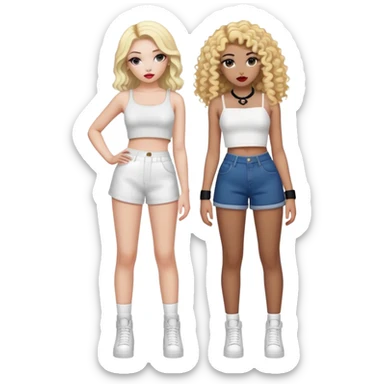 Full body of two teenage girls standing together, one white with straight blonde hair and one brown-skinned with curly dark hair, both with heavy makeup, big lips, crop tops and choni style clothing sticker