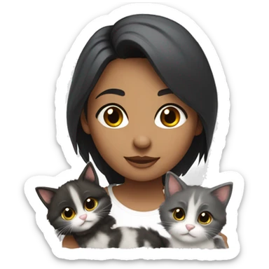 a girl with dark hair is surrounded by 4 kittens, one of them is gray fluffy, another is black with white paws, the third is brown, the fourth is gray with short hair sticker