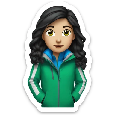 White girl, black hair, blue eyes, skiing, green jacket sticker