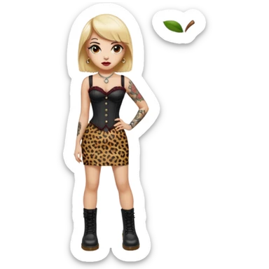 pin-up emoji, light skin, big eyes, maroon lips, brown hair with rockabilly bangs and blonde streak, leopard corset, black pencil skirt, Dr. Martens boots, old school tattoos, compact and rounded, Apple/iPhone emoji style, transparent background sticker