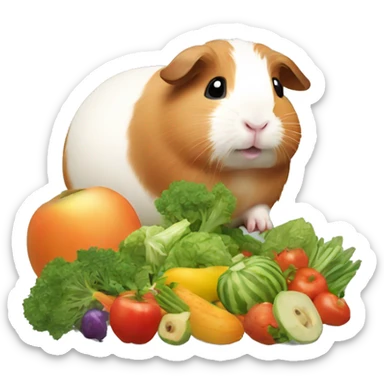 Guineapig playing and eating a huge pile of veggies and fruit sticker
