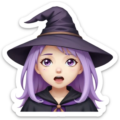 cute anime girl with lilac hair in a witch hat cries and screams loudly with her eyes closed sticker