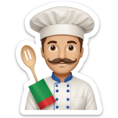 Paper fan with the design of an Italian man with a thick mustache, Italian flag colors, chef hat sticker