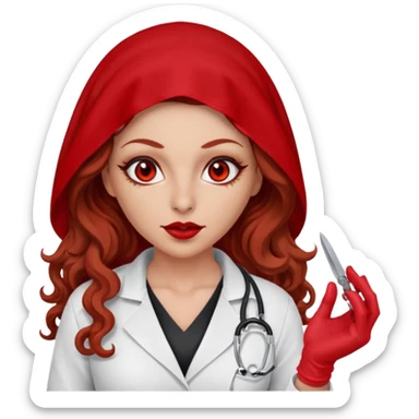 Lilith scalpel in hand, evil surgeon sexy surgeon clothes.  She has red eyes. She brown long curly hair. Wears sexy doctor outfit with red gloves. Wears red burka to hide her mouth and nose sticker