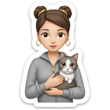 a white girl with brunette hair in a one single bun holding a grey cat. the girl has long lashes and has on a grey zip up that is half way zipped  and under a white shirt and gold jewelry that is gold bracelets. sticker
