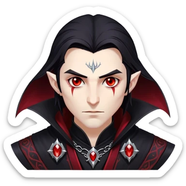 Cinematic Realistic WoW Vampire Mage Portrait, head tilted epicly and inquisitively, showcasing a commanding presence and ancient arcane mastery. His pallid skin and sleek dark hair are set against the intricately detailed black robe—with silver accents and mystical runes—that remains consistent in its shadowed elegance. His piercing crimson eyes blaze with forbidden power, rendered with dramatic, lifelike clarity and high shine, epic and awe-inspiring. sticker