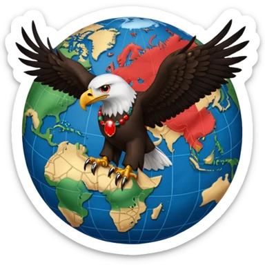 Fully black eagle with red mala bead necklace, the eagle's head facing the left with a single eye visible, wings spread full length, standing over an earth emoji with the African continent centered on the earth emoji. Replace the eye of the eagle with a Japanese Yen currency symbol. sticker