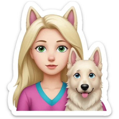 White European young woman with blue-green eyes and long blond hair with her white German Shepherd dog,the Dog has a pink nose and short fur  and Brown eyes sticker