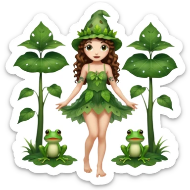 full body woman long curly brown hair brown eyes white skin tattoos wearing cute frog hat and sheer leaf dress, barefoot, flirty forest fairy pose sticker