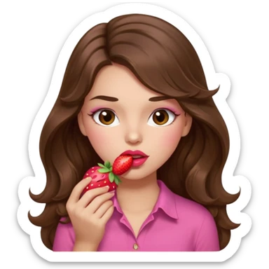 girl with long wavy brown hair, brown eyes, light to medium complexion, in a pink shirt, pink lips, long lashes, sexy , puckering lips kissing, blushing, eating a strawberry sexy sticker