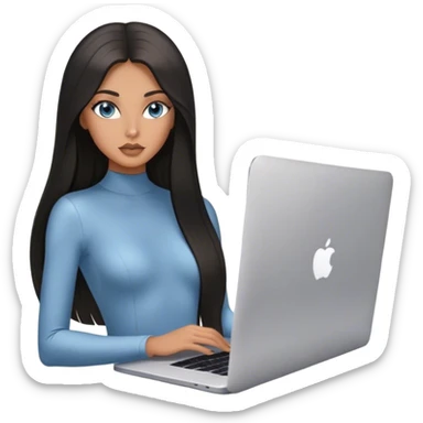 Glamours tanned very beautiful girl with pump nude lips and black straight smooth long hair, blue-grey eyes in bodysuit with one MacBook. sticker