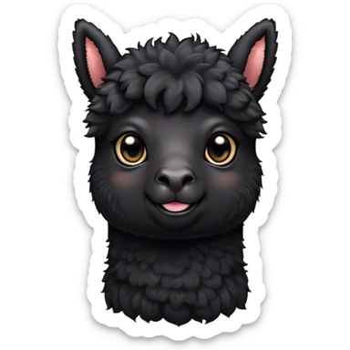 Cinematic Cute Black Alpaca Portrait Emoji, Head tilted playfully and inquisitively, featuring a plush, shiny jet-black fleece with a lustrous sheen, round, sparkling dark eyes filled with curiosity, Simplified yet irresistibly adorable features, highly detailed, glowing with a warm, friendly glow, high shine, affectionate and gentle, stylized with a touch of whimsy, bright and endearing, soft glowing outline, capturing the essence of a mischievous yet loving alpaca, so playful it feels like it could prance out of the screen and into your arms! sticker