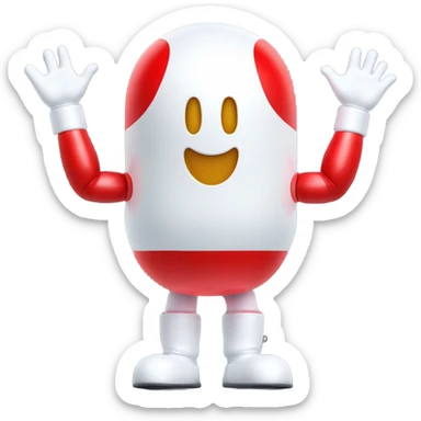 Very shiny full body pill capsule head with puffy body and welcoming waving Mickey Mouse arms braun Japanese inspired Anpanman with big boots and antennae red and white colors only sticker