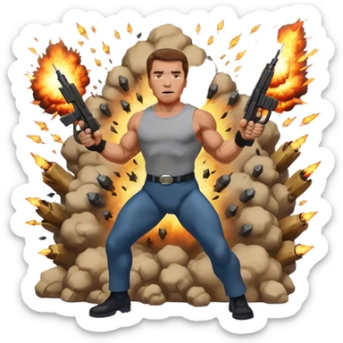 Icon for Action Movies: Arnold Schwarzenegger in the lead role, in an intense action pose with weapons, explosions, and dramatic background. The design should evoke the classic action movie feel with muscle-bound heroes and high-energy sequences. Transparent background. sticker
