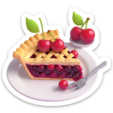 Exact copy of a slice of cherry pie with golden crust and glossy cherry topping, on a plate with a fork, two cherries in the background, same arrangement and details as reference, no text or watermark, checkered tablecloth background, in 3D iOS 18 emoji style. sticker