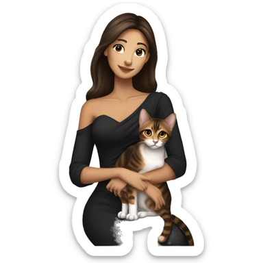 Beautiful skinny woman long dark brown hair in dark dress with earrings hug bengal cat sticker