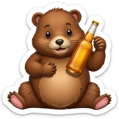 A chubby beaver hugging a beer bottle with both paws sticker