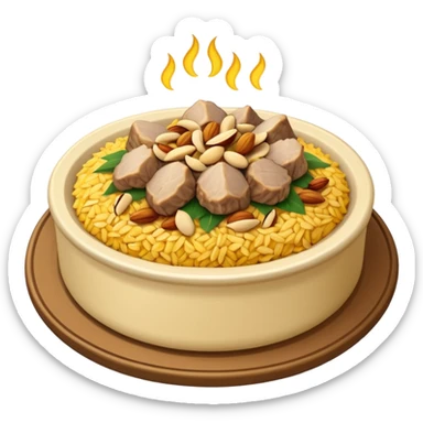 "Emoji of a Jordanian Mansaf dish — round platter with golden rice, lamb pieces, nuts on top, simple cute cartoon style, clean lines, white or transparent background." sticker