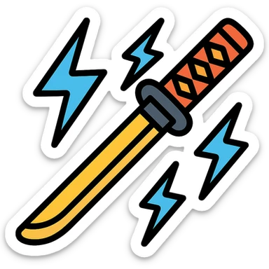 katana surrounded by blue lightning bolts, stylized, energetic, icon style sticker
